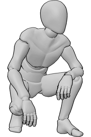 Pose Reference- Male crouching relaxed pose - Male is crouching casually with his forearms resting on his knees, looking slightly to the left