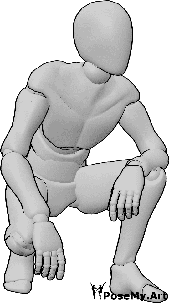 Pose Reference- Male crouching relaxed pose - Male is crouching casually with his forearms resting on his knees, looking slightly to the left