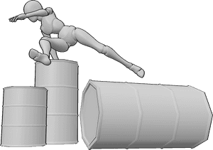 Pose Reference- Female action running jumping pose - Female is dynamically jumping over obstacles, pushing off a barrel with one hand while leaping in a wide split