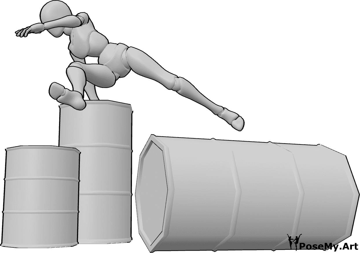 Pose Reference- Female action running jumping pose - Female is dynamically jumping over obstacles, pushing off a barrel with one hand while leaping in a wide split