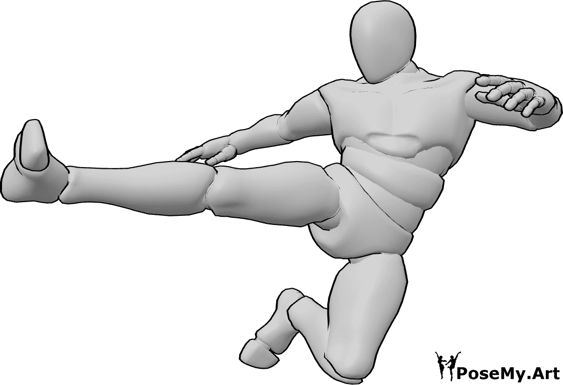 Pose Reference- Mid-air kick pose - Male is jumping and extending one leg in a sharp kick, upper body twisting for balance
