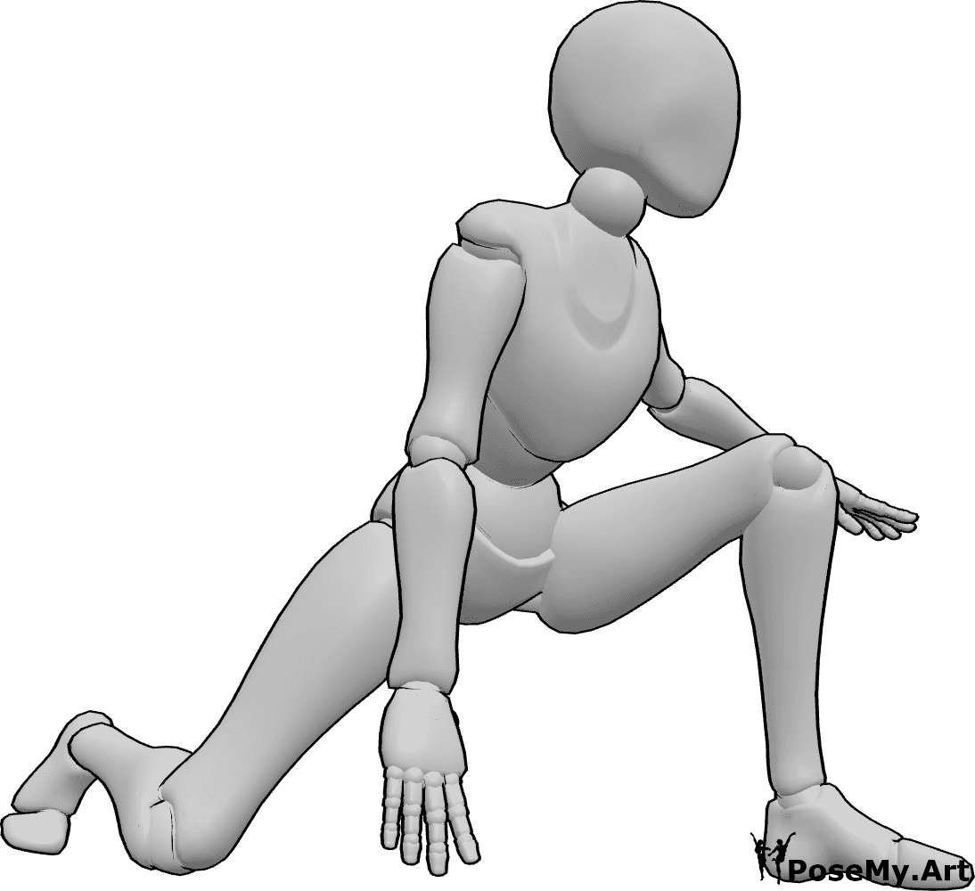 Pose Reference- Landing impact pose - Female is landing from a jump with bent knees, spine compressing, arms swinging down