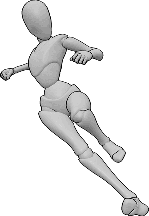 Pose Reference- Female action jumping kick pose - Female is delivering a flying kick with both hands clenched into fists for balance and power