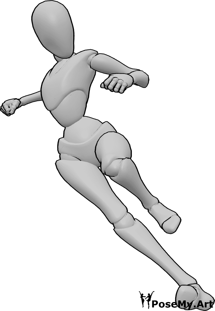 Référence des poses- Pose d'action représentant une femme en train d'effectuer un coup de pied sauté - La femme effectue un coup de pied en l'air, les deux mains serrées en poings pour gagner en équilibre et en puissance.