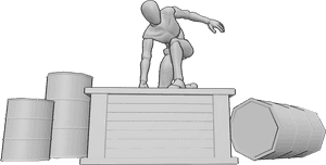 Pose Reference- Male action landing pose - Male is landing on top of a wooden box in a controlled combat stance