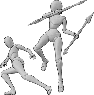 Pose Reference- Female spear combat pose - Two females are engaged in combat, with one lunging forward in a spear attack while the other defends