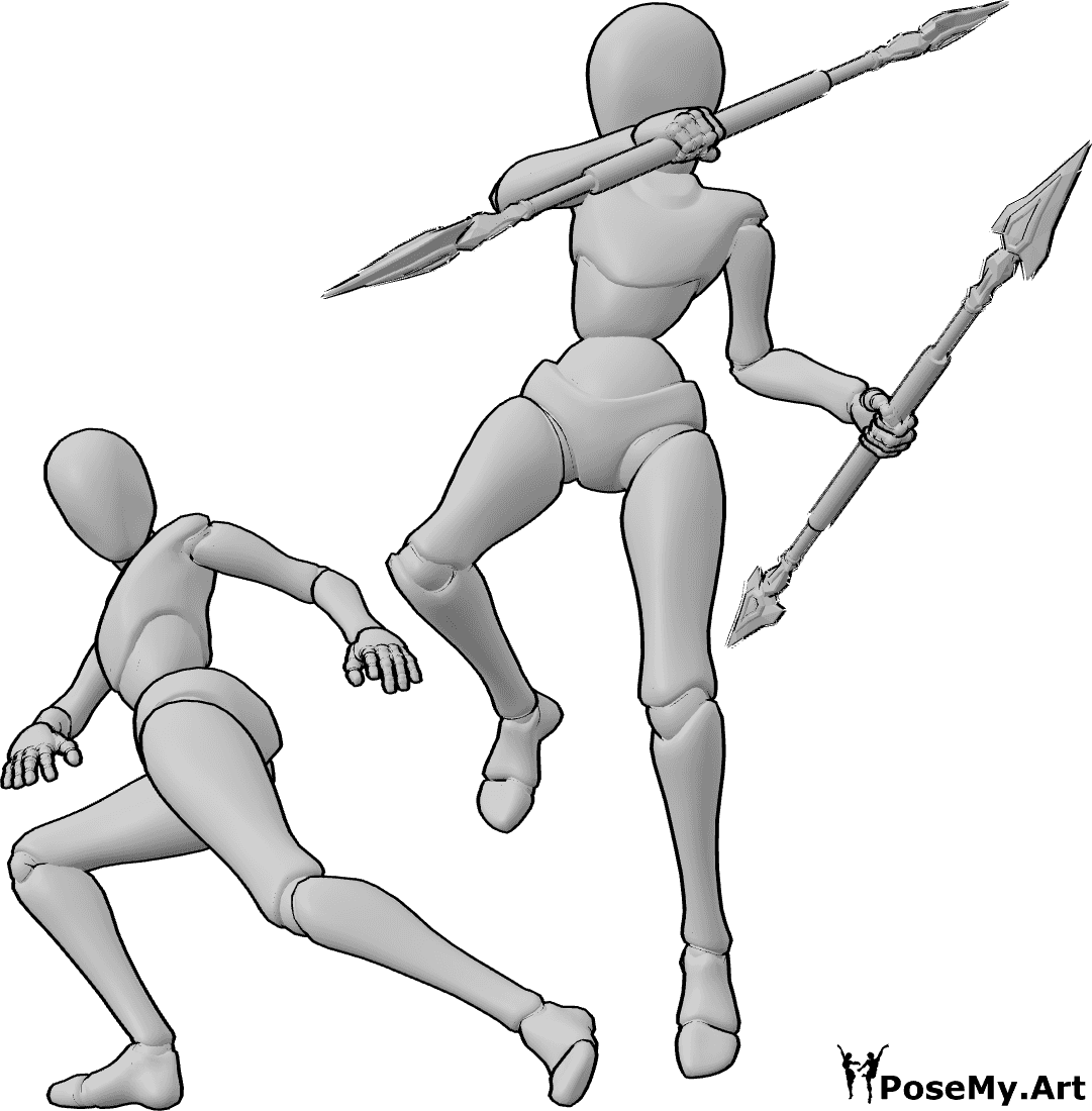 Pose Reference- Female spear combat pose - Two females are engaged in combat, with one lunging forward in a spear attack while the other defends