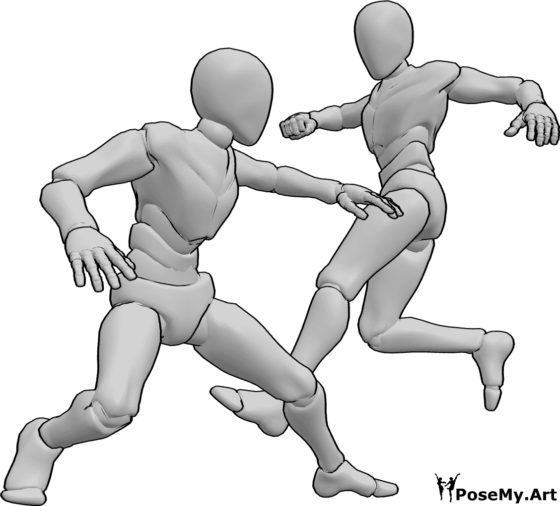 Référence des poses- Pose de combat d'un homme - Deux hommes se battent ; l'un d'eux tente de faire trébucher l'autre en lui faisant un croche-pied.