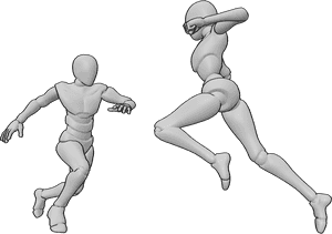 Pose Reference- Female vs. male combat pose - Female and male are engaged in combat, with the female leaping forward to deliver a punch