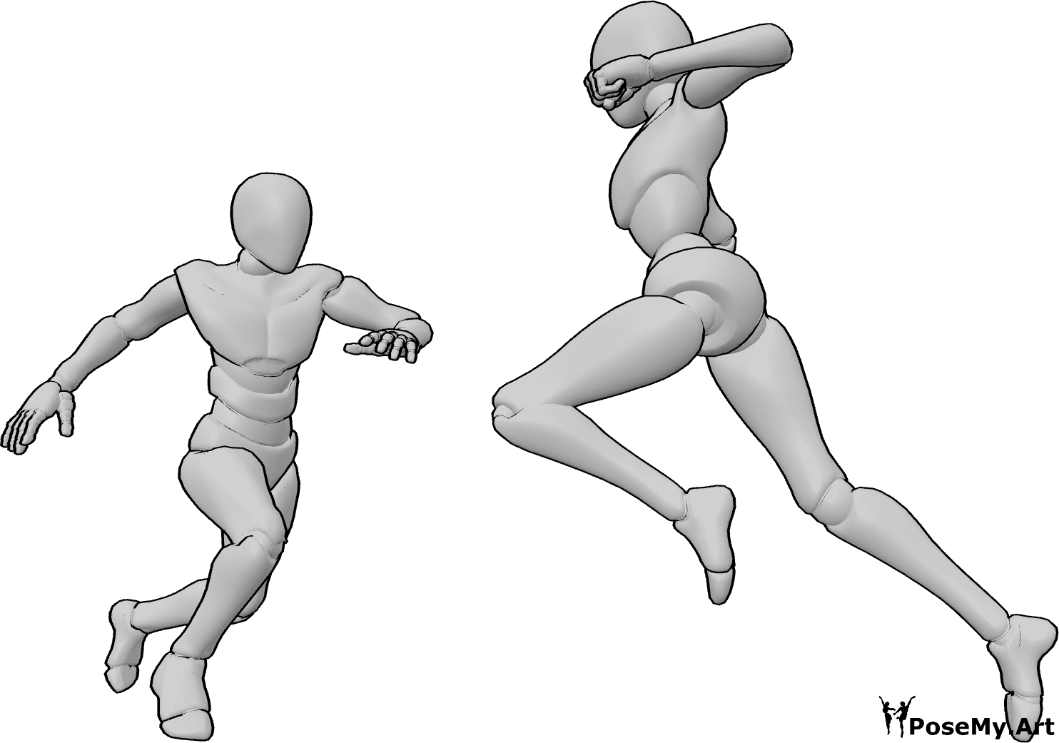 Pose Reference- Female vs. male combat pose - Female and male are engaged in combat, with the female leaping forward to deliver a punch