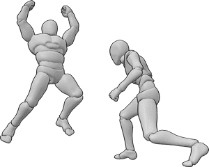 Pose Reference- Male overhead strike combat pose - Two males are fighting, with one jumping into the air to deliver a powerful overhead strike with both fists