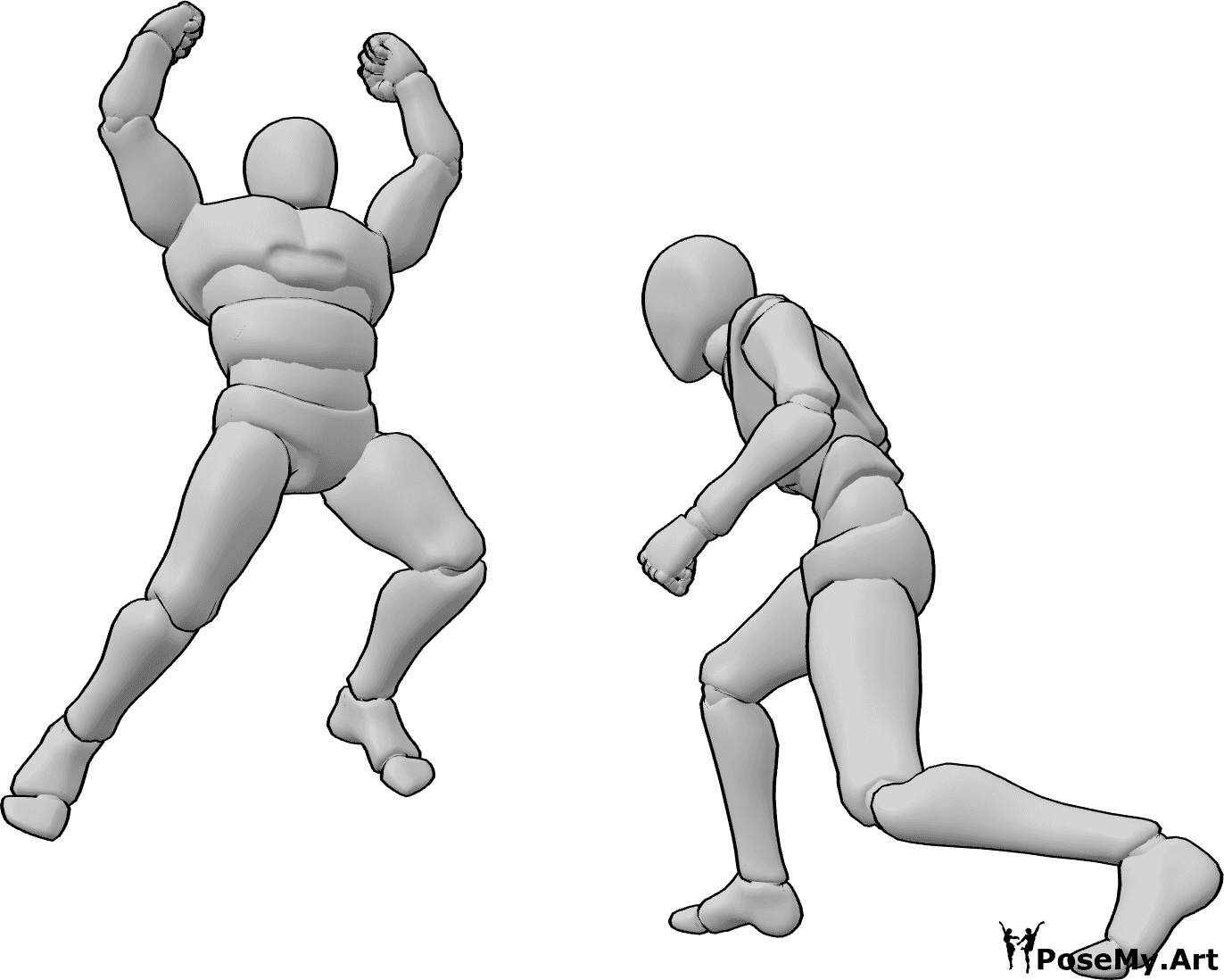 Pose Reference- Male overhead strike combat pose - Two males are fighting, with one jumping into the air to deliver a powerful overhead strike with both fists