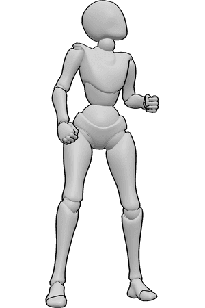 Pose Reference- Female angry confrontation pose - Female is standing with a wide stance, shoulders pushed forward, fists tightly closed, looking up