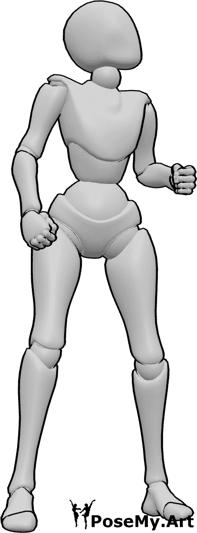 Pose Reference- Female angry confrontation pose - Female is standing with a wide stance, shoulders pushed forward, fists tightly closed, looking up
