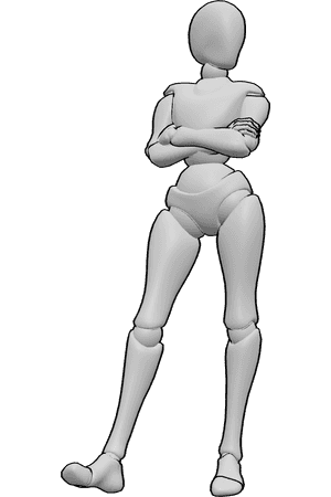 Pose Reference- Frustrated female crossed arms pose - Female is standing with crossed arms, one hip slightly shifted, and the body turned away