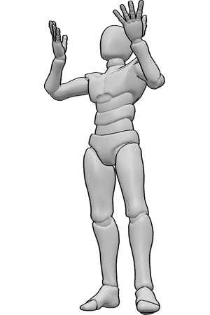 Pose Reference- Frustrated gesture pose - Male is standing while looking up in frustration, raising both hands