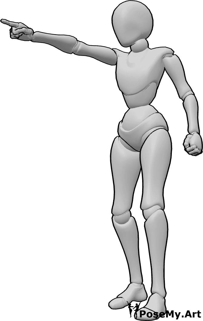 Pose Reference- Female angry pointing pose - Female is extending one arm forward in a sharp pointing gesture while keeping the rest of the body tense