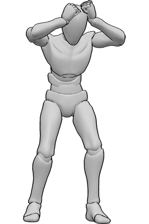 Pose Reference- Clenched fists pose - Male is clenching both fists near his head, hunching forward slightly