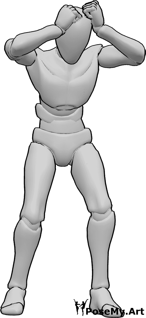 Pose Reference- Clenched fists pose - Male is clenching both fists near his head, hunching forward slightly