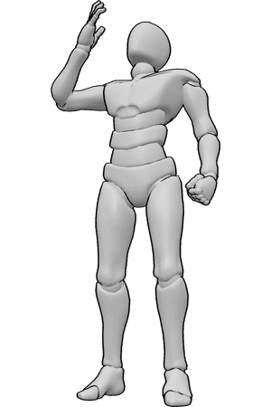 Pose Reference- Male raised hand pose - Male is looking up with one hand clenched into a fist while raising the other hand