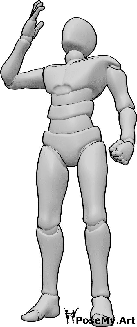 Pose Reference- Male raised hand pose - Male is looking up with one hand clenched into a fist while raising the other hand