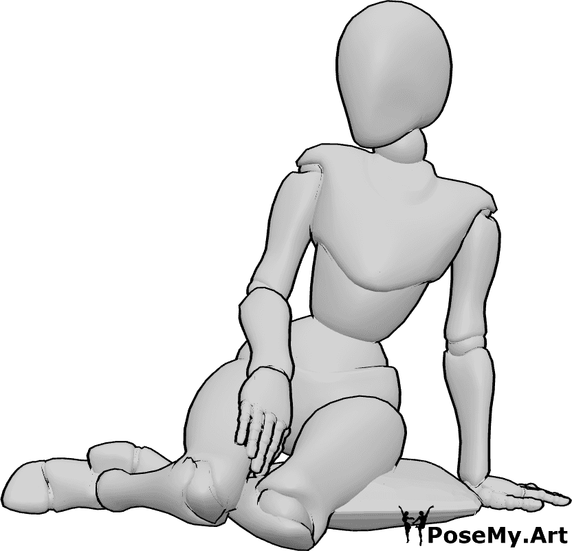 Posen-Referenz- Seitliche Sitzhaltung - Eine Frau sitzt mit zu einer Seite angezogenen Beinen und stützt ihren Körper mit einer Hand ab.