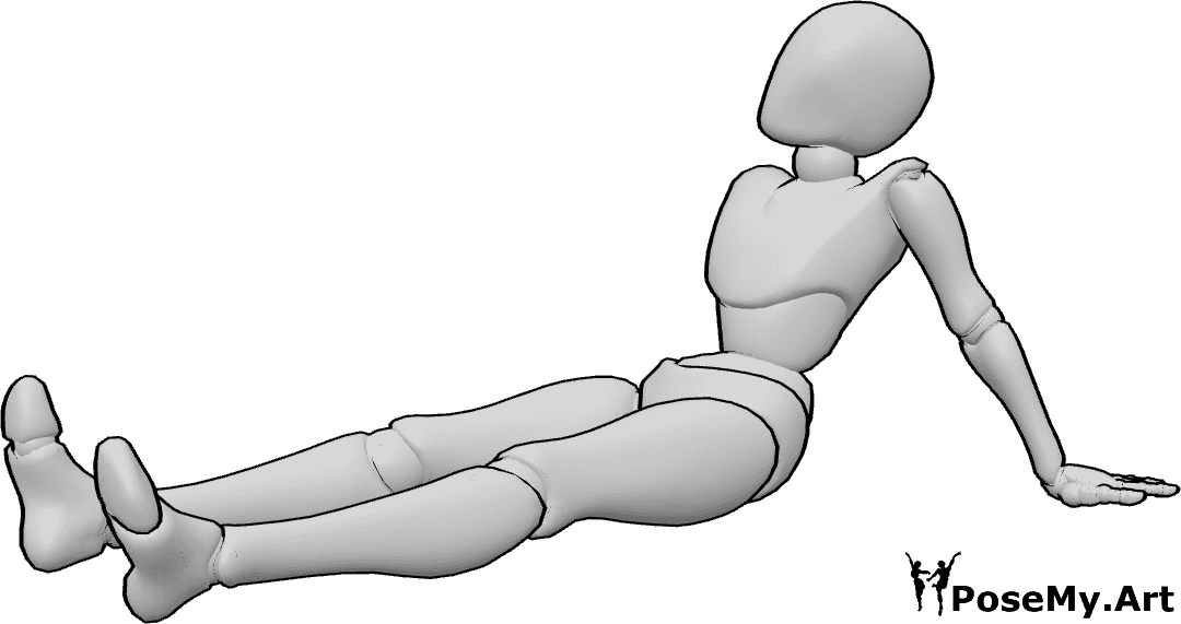 Referência de poses- Postura sentada inclinada para trás - A mulher está sentada com ambas as pernas esticadas para a frente, apoiando-se nas duas mãos
