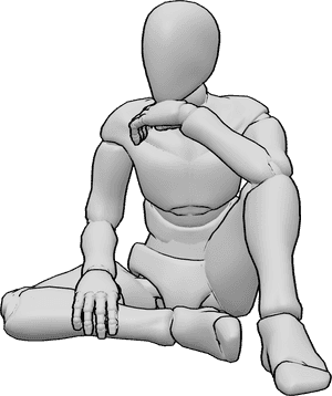 Pose Reference- Thinking sitting pose - Male is sitting with one knee raised, resting an elbow on it and supporting the chin with one hand