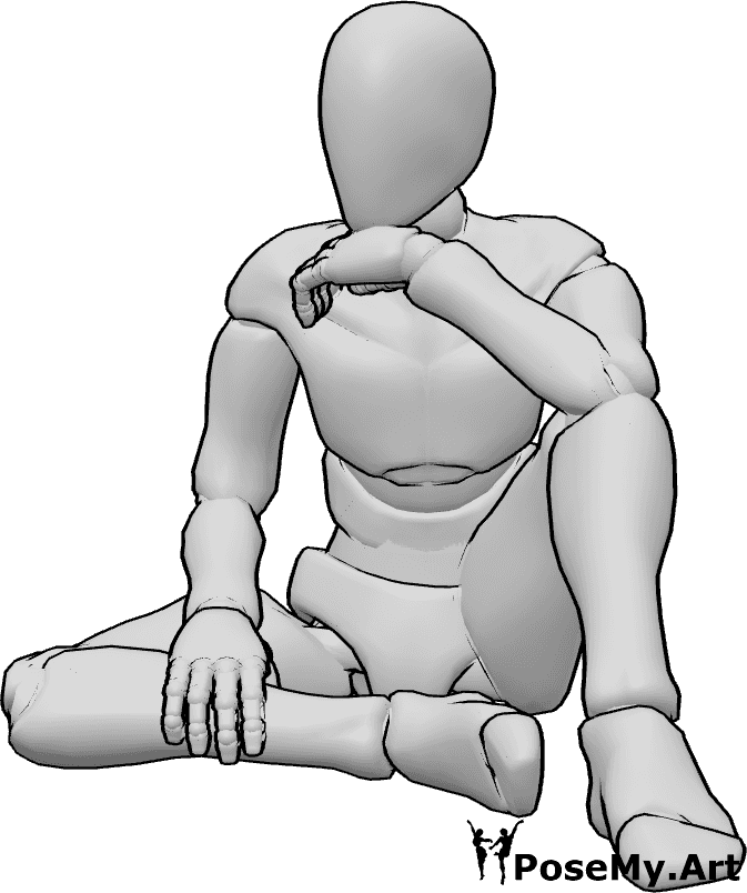 Pose Reference- Thinking sitting pose - Male is sitting with one knee raised, resting an elbow on it and supporting the chin with one hand