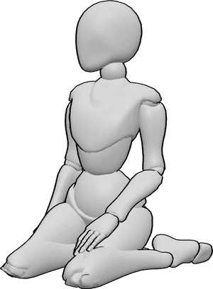 Pose Reference- Relaxed kneeling sitting pose - Female calmly kneeling on the floor, sitting back on her legs with a relaxed posture, gently looking to the right