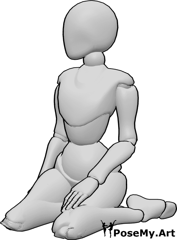 Pose Reference- Relaxed kneeling sitting pose - Female calmly kneeling on the floor, sitting back on her legs with a relaxed posture, gently looking to the right