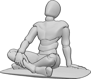 Pose Reference- Male crossed-legged sitting pose - Male sitting cross-legged on a floor cushion, supporting himself with his left hand while gazing slightly upward