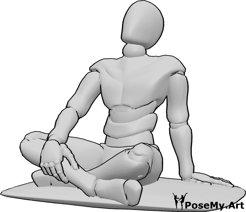 Referência de poses- Pose masculina sentado com as pernas cruzadas - Homem sentado de pernas cruzadas numa almofada no chão, apoiando-se com a mão esquerda enquanto olha ligeiramente para cima