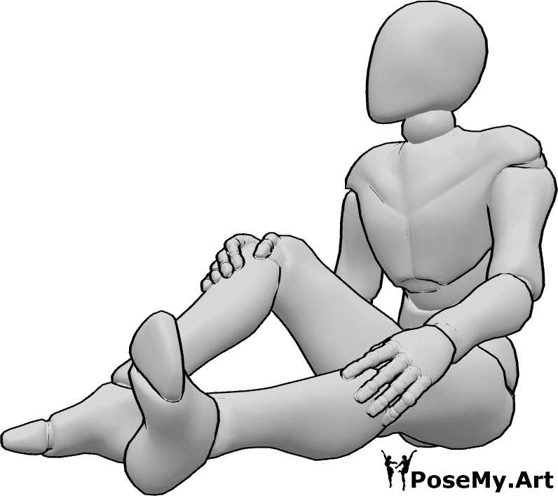 포즈 자료- 남성이 편안하게 바닥에 앉아 있는 자세 - 한쪽 다리는 쭉 뻗고 다른 쪽 다리는 구부린 채 바닥에 편안하게 앉아 있는 남성의 편안한 앉은 자세
