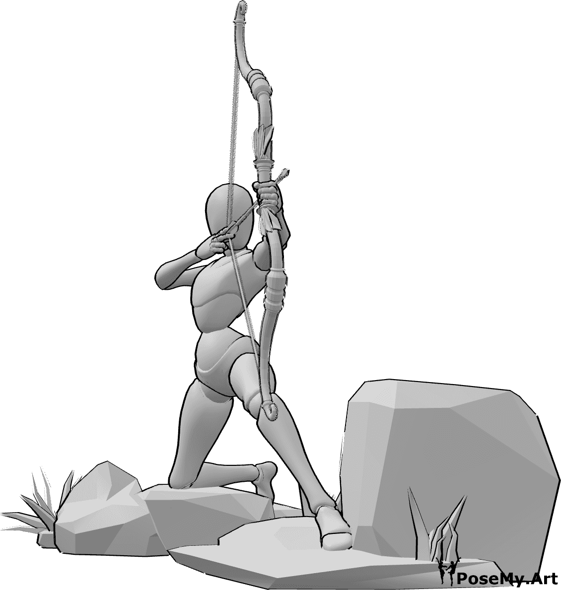 Pose Reference- Female archer kneeling aim pose - Female archer half-kneeling while aiming her bow with a steady, focused posture