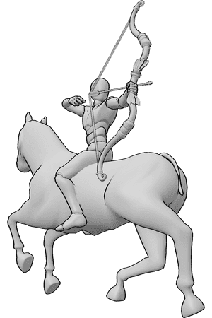 Pose Reference- Male horseback archery pose - Male riding a horse while shooting an arrow backward in a dynamic horseback archery pose