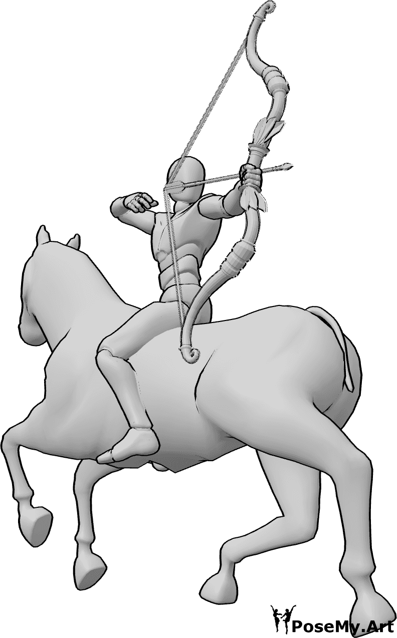 Pose Reference- Male horseback archery pose - Male riding a horse while shooting an arrow backward in a dynamic horseback archery pose
