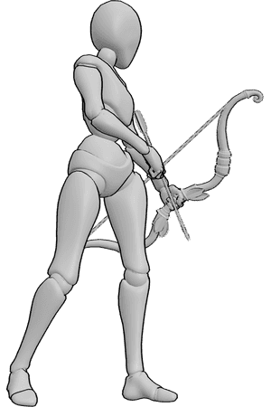Pose Reference- Female archer looking back pose - Female archer standing while looking over her shoulder, preparing to fire an arrow