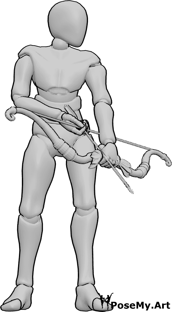 Pose Reference- Male relaxed archer standing pose - Male archer standing while holding his bow and arrow, looking calmly to the side