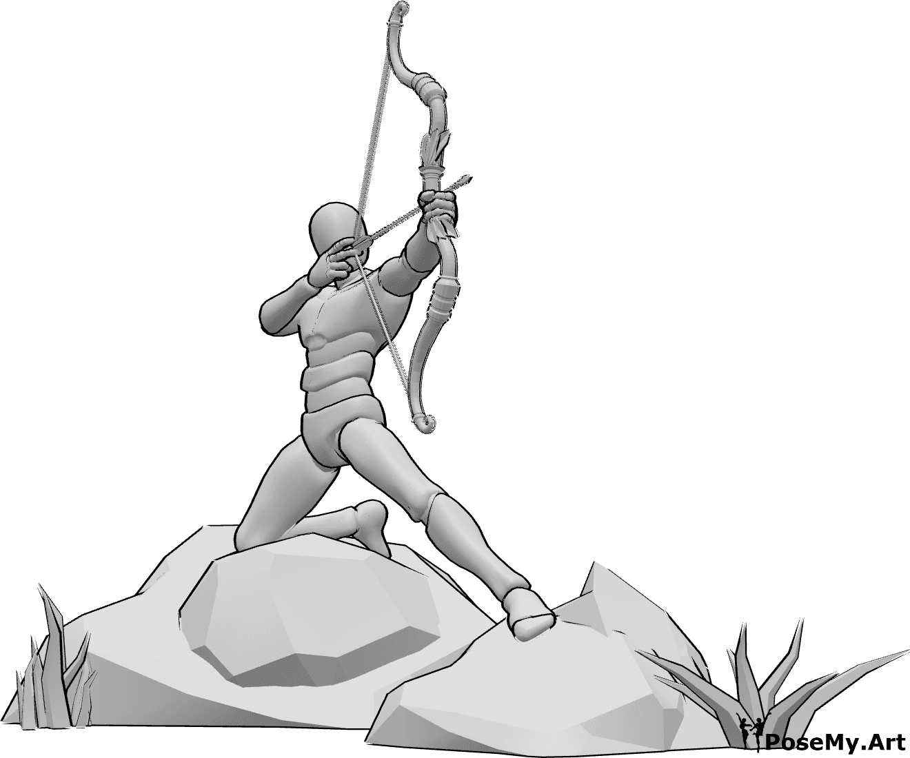 Pose Reference- Male kneeling bow aim pose - Male archer half-kneeling while aiming his bow with a focused stance