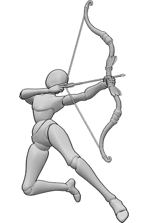 Pose Reference- Female jumping archery pose - Female archer leaping through the air while shooting an arrow