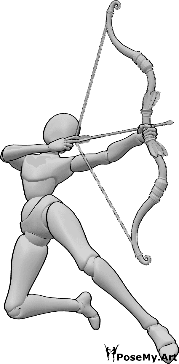 Referência de poses- Pose de uma arqueira a saltar - Arqueira a saltar no ar enquanto dispara uma flecha