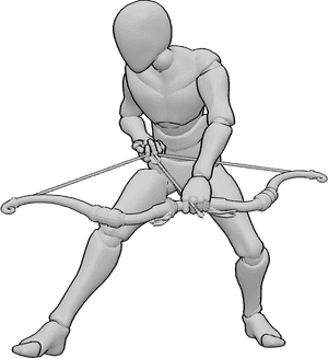 Pose Reference- Male stalking archer pose - Male archer moving in a low, cautious stance with his bow at the ready, stalking his target