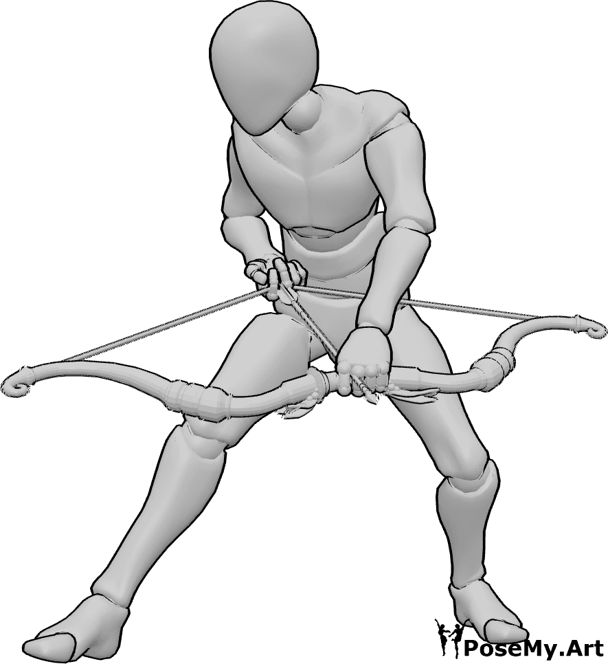 Pose Reference- Male stalking archer pose - Male archer moving in a low, cautious stance with his bow at the ready, stalking his target