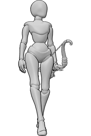 Pose Reference- Female graceful walking pose - Female archer stepping forward gracefully with her bow held in her left hand