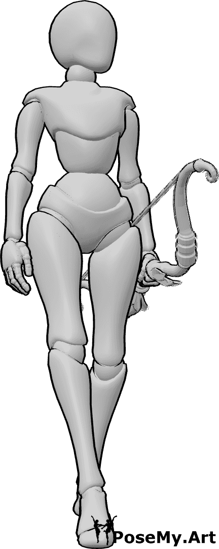 Pose Reference- Female graceful walking pose - Female archer stepping forward gracefully with her bow held in her left hand