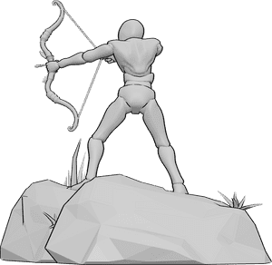 Pose Reference- Male back view aiming pose - Back view of a male archer standing on a rock while aiming his bow at a distant target