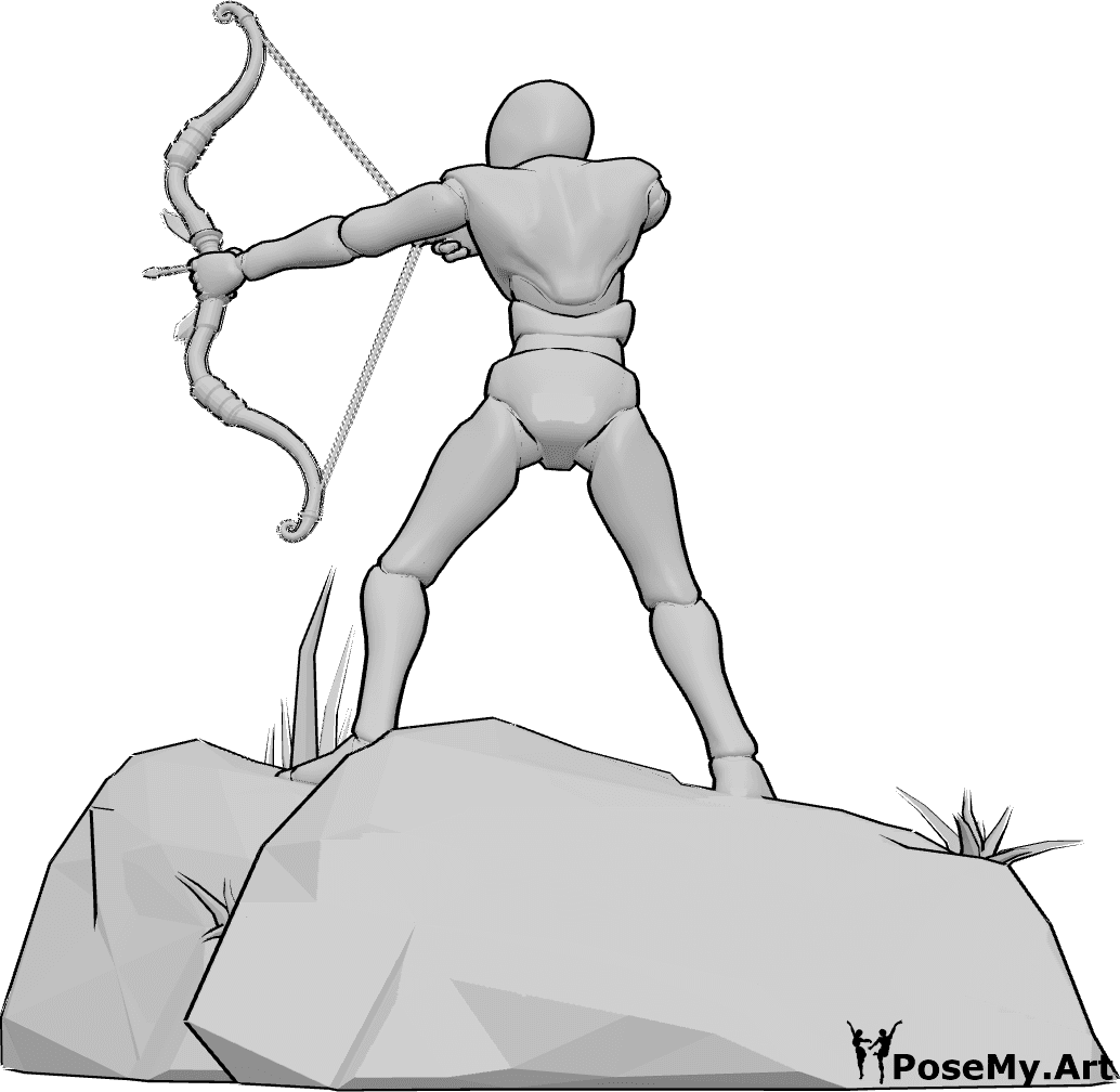 포즈 자료- 남성의 뒷모습을 담은 포즈 - 바위 위에 서서 멀리 있는 표적을 향해 활을 겨누고 있는 남성 궁수의 뒷모습