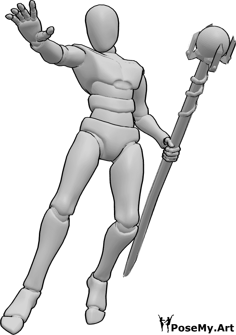 Pose Reference- Wizard spell casting floating pose - Male wizard is floating in the air, holding a wizard staff in his left hand while casting a spell with his right hand