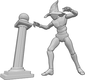 Pose Reference- Wizard crystal ball pose - Wizard is casting a spell with a crystal ball, wearing a classic wizard hat